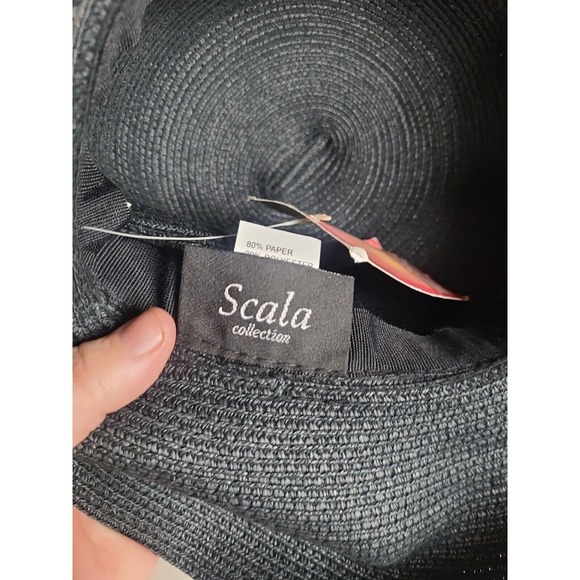 NWT Scala Black Foldable Summer Beach Wide Brim Sun Straw Hat Womans One Size - Picture 3 of 5